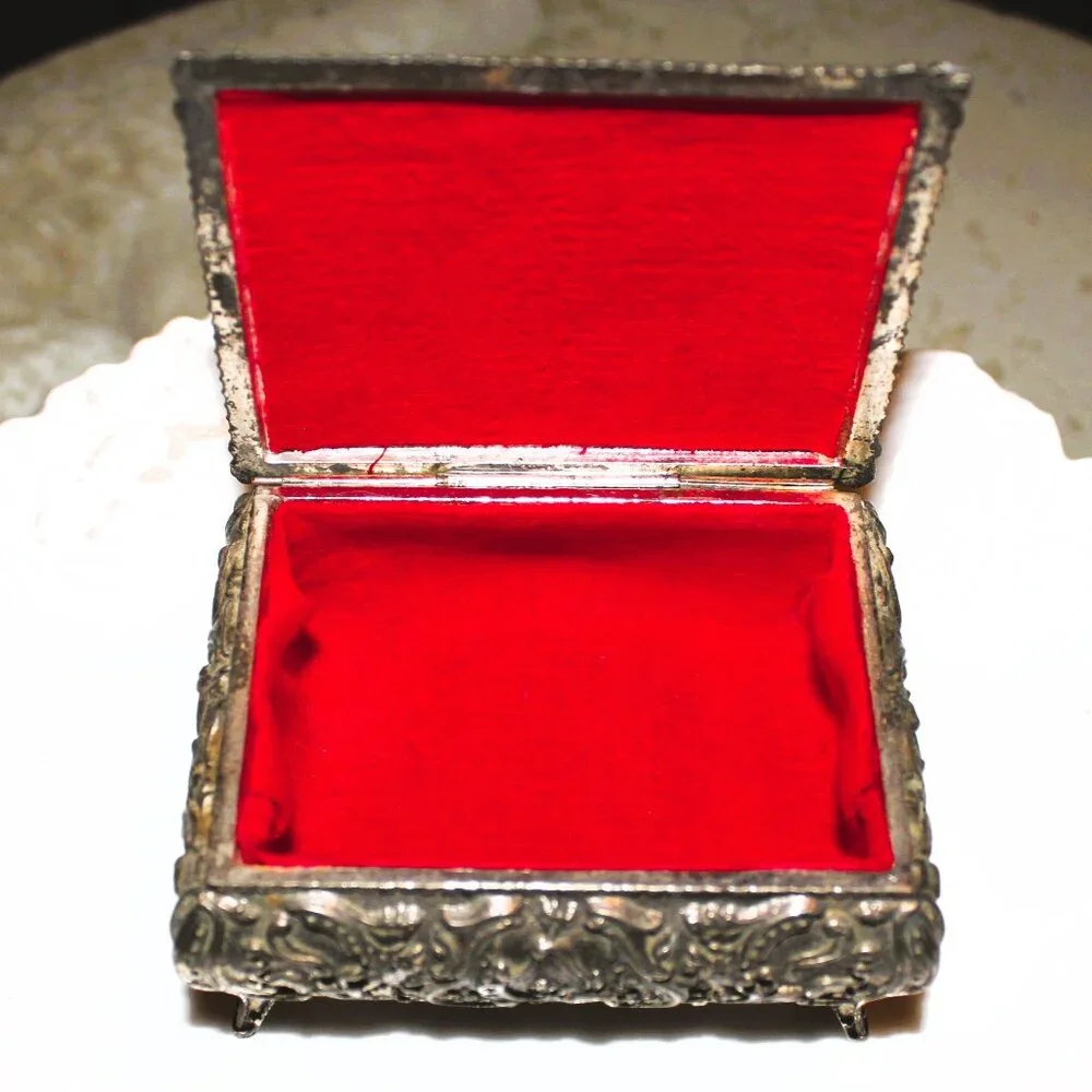 Vintage Japan Silver Jewelry Box Romantic Repoussé Trinket Case with Red Velvet